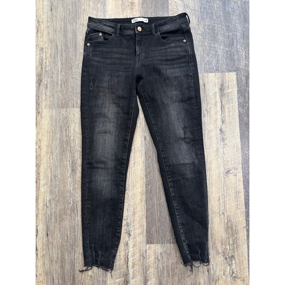 Zara Womens Skinny Distressed Jeans Black Frayed Hem Size 6 EUR 38 MEX 28